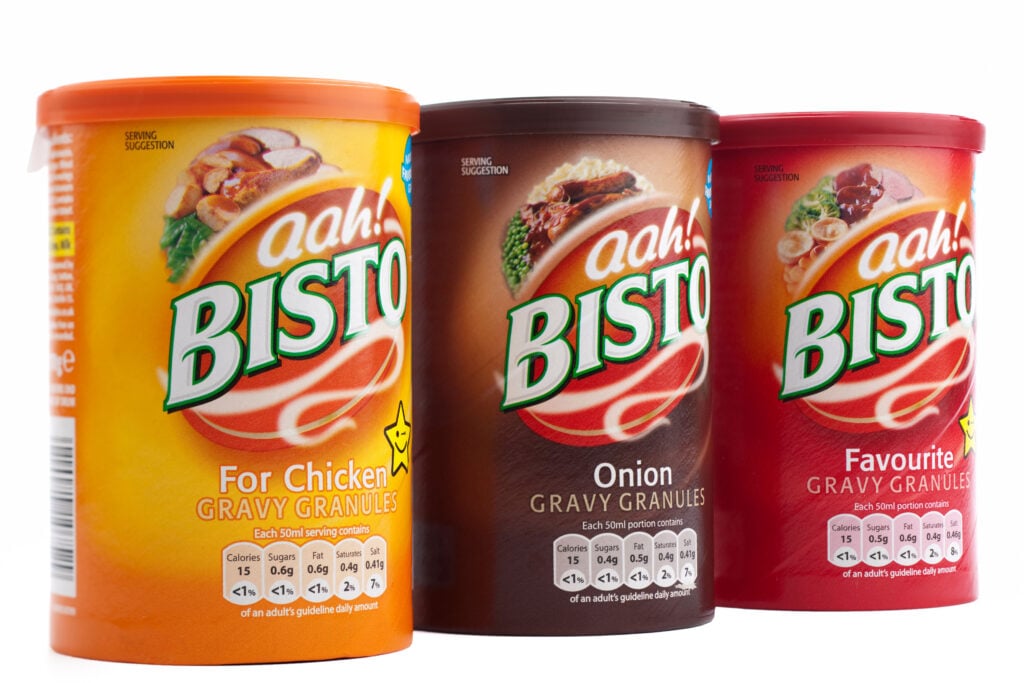 Three flavors of Bisto gravy, one of which contains meat