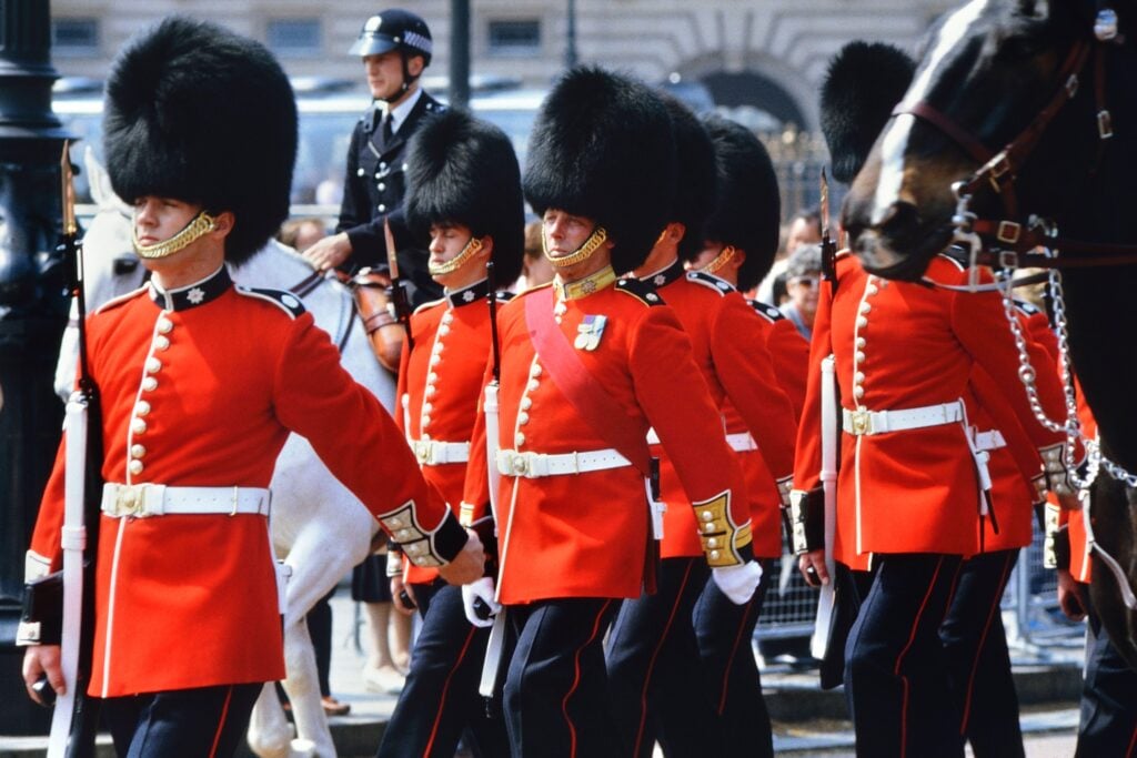 The King's Guard wearing black bearskin caps