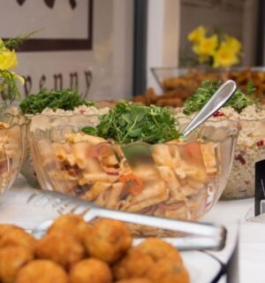 A spread of vegan and non-vegan food at an event