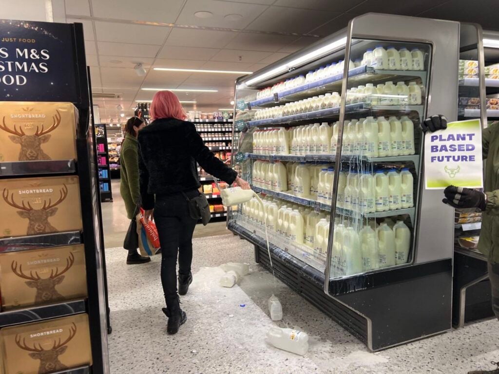 An Animal Rebellion protestor pours milk in the supermarket