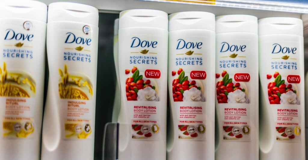 A collection of cruelty-free brand Dove moisturisers bottles in a shop