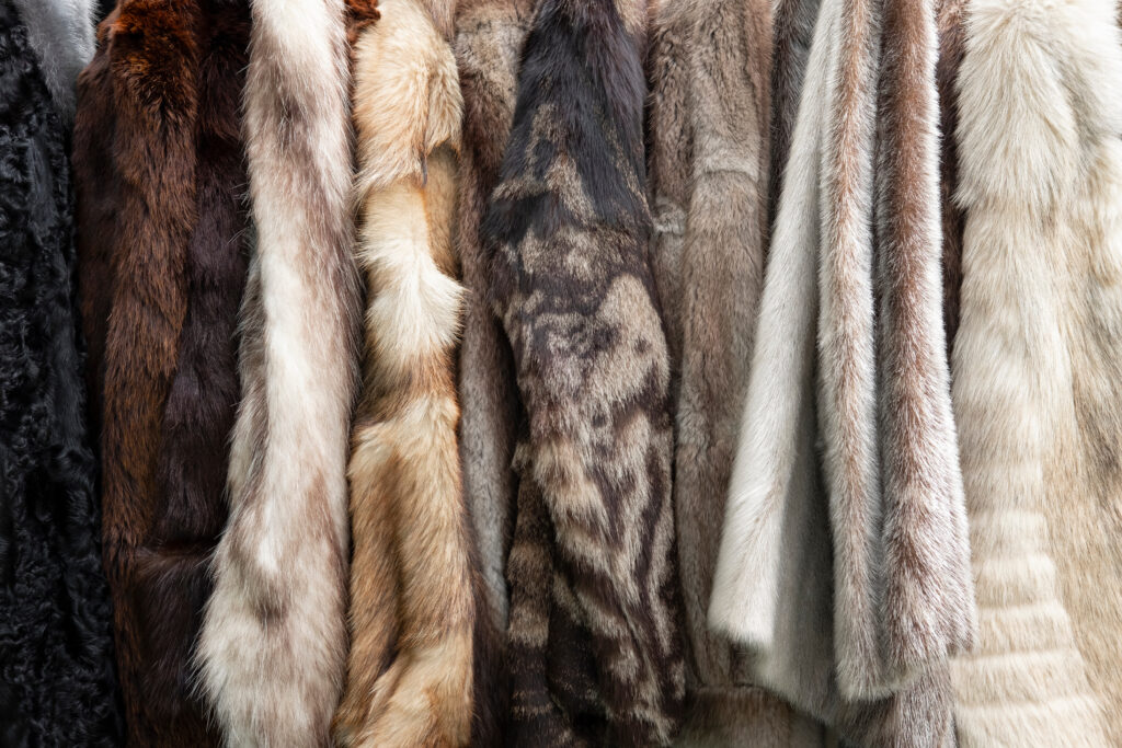 a selection of fur coats on a rack