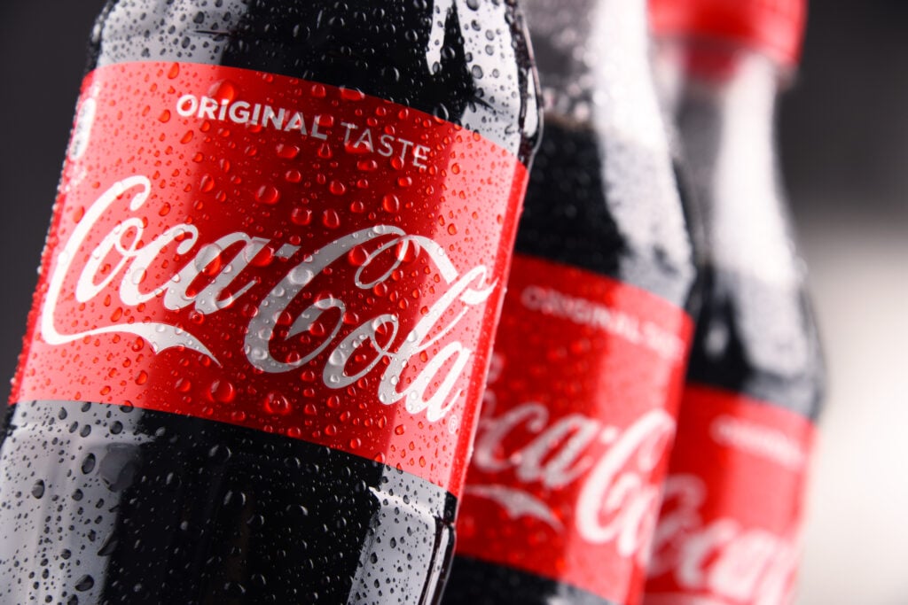 Bottles of vegan and vegetarian fizzy drink Coke, made by Coca-Cola