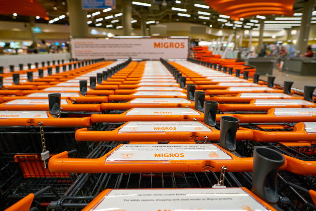 Shopping trollies at Swiss supermarket Migros