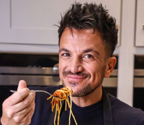 Peter Andre eating spaghetti Bolognese made with Beyond Meat vegan mince