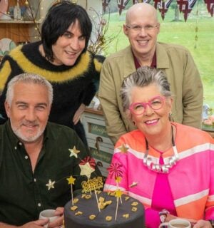 The Great British Bake Off judges Paul Hollywood and Prue Leith sitting in front of hosts Noel Fielding and Matt Lucas