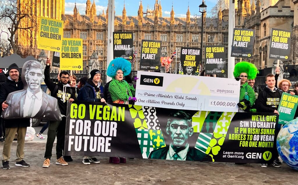 Activists outside parliament calling on Rishi Sunak to go vegan