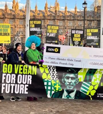 Activists outside parliament calling on Rishi Sunak to go vegan