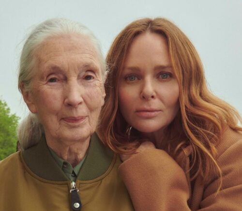 Stella McCartney and Jane Goodall pose for a picture in a field as they collaborate for STELLA skincare