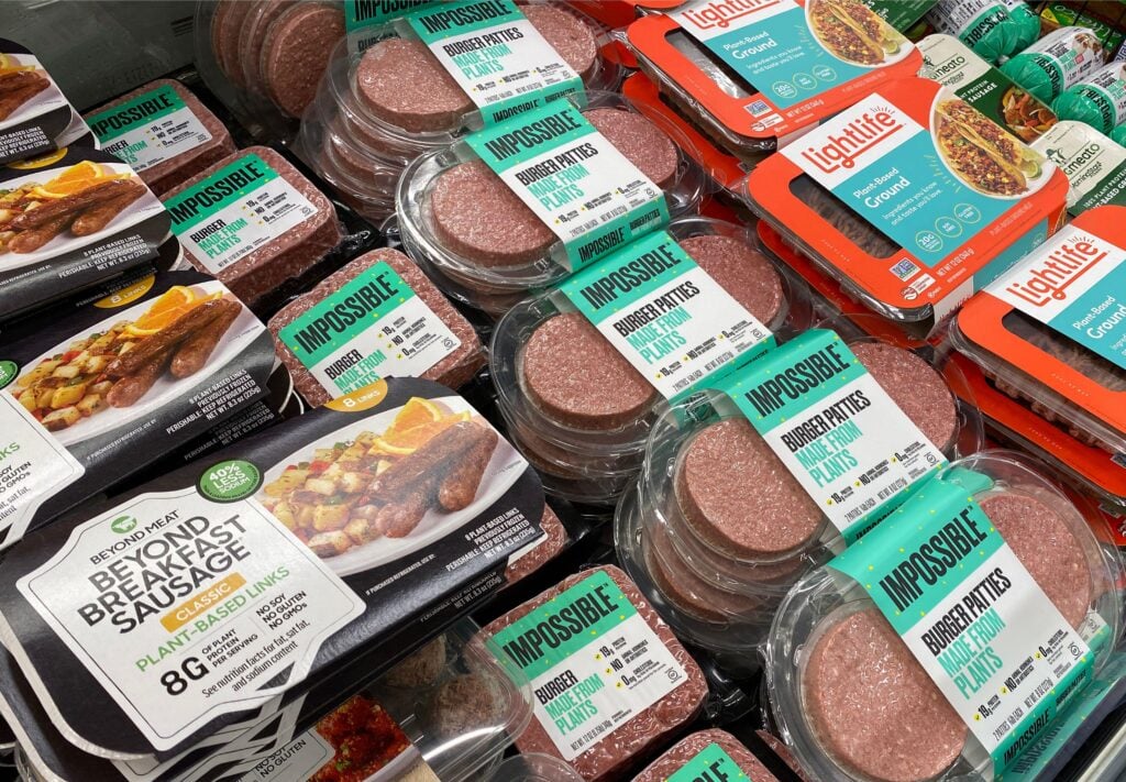 Impossible and Beyond Meat vegan meats in a US supermarket