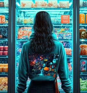 A cartoon of someone looking into a refrigerator at a supermarket