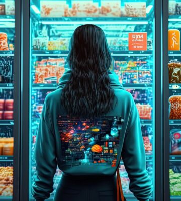 A cartoon of someone looking into a refrigerator at a supermarket