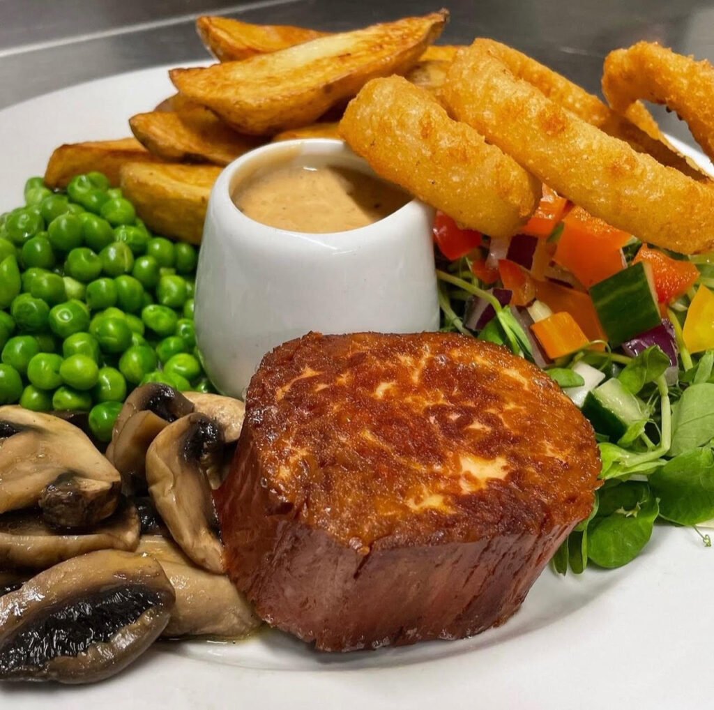 A vegan steak dish at the Queen's Inn