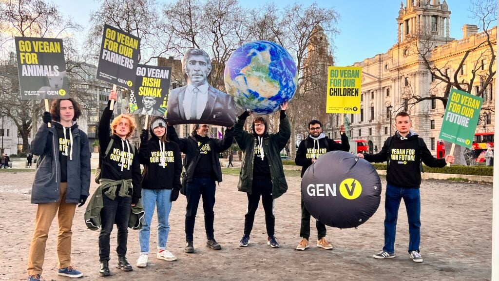 Activists outside parliament calling on Rishi Sunak to go vegan