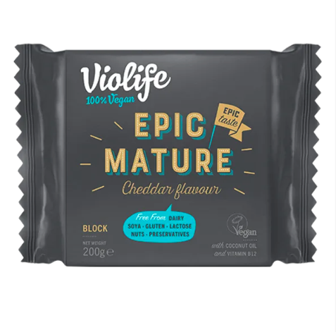 A packet of plant-based cheese, Epic Mature Cheddar flavour, from vegan dairy brand Violife