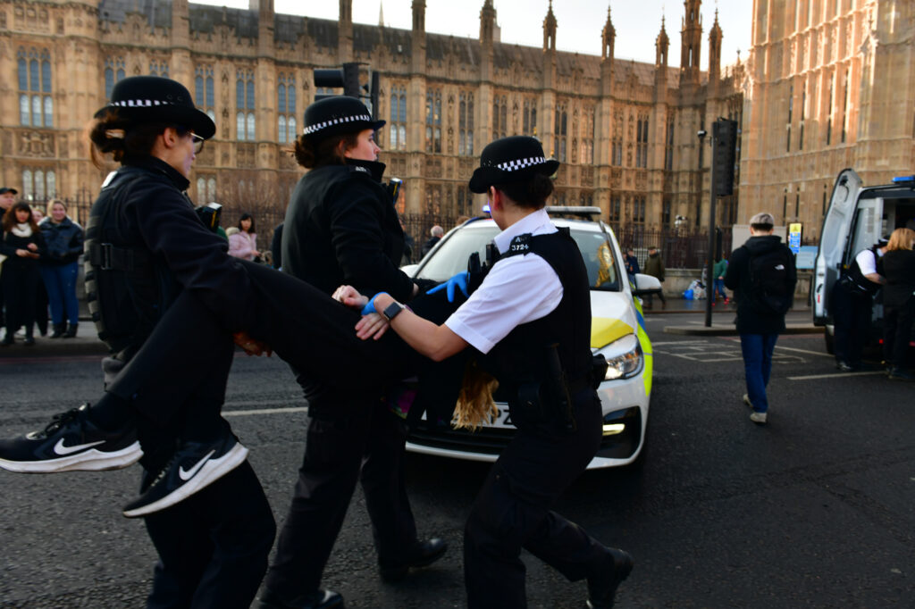 An Animal Rebellion protestor being carried away by police