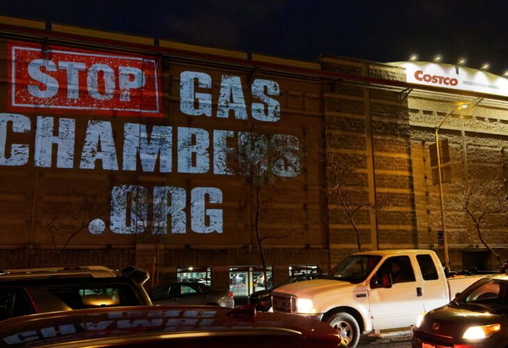 Animal activists protested outside a Costco store in San Francisco