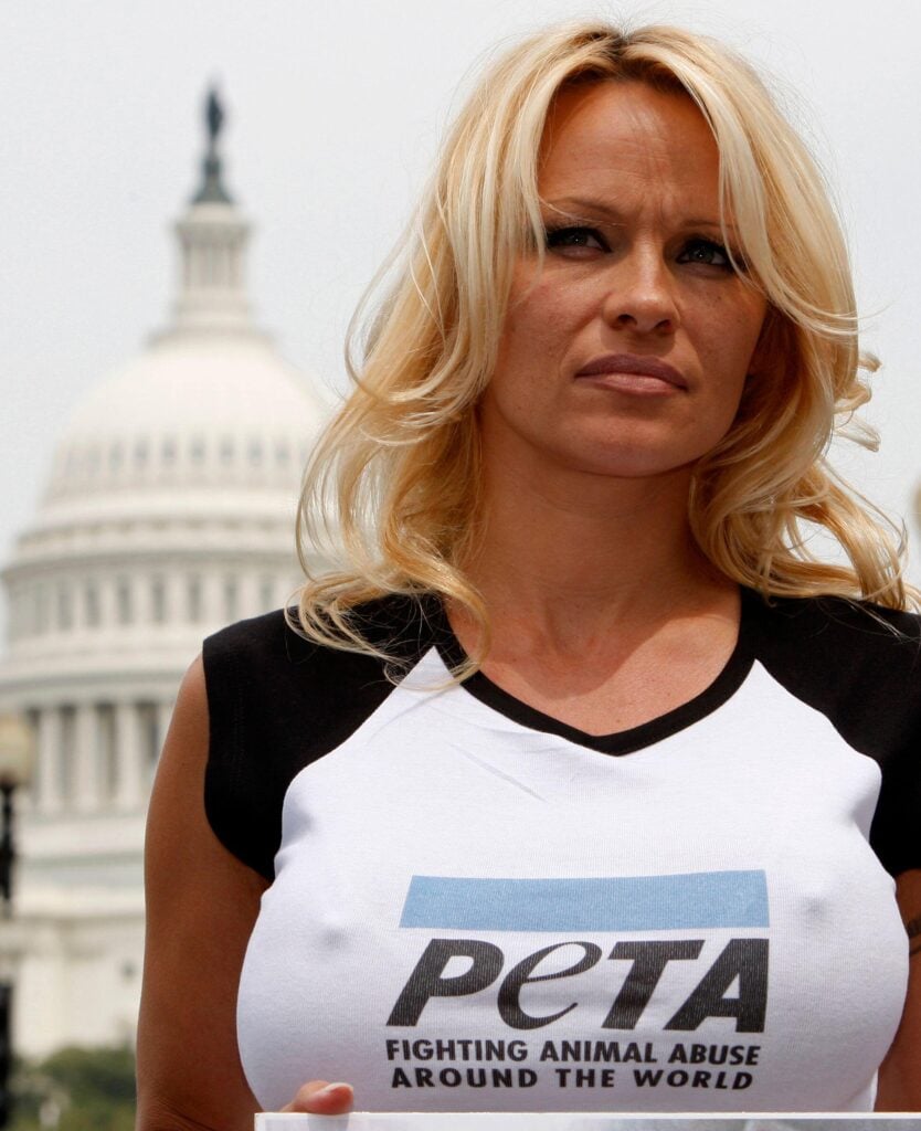 Vegetarian celebrity Pamela Anderson wears a PETA t-shirt