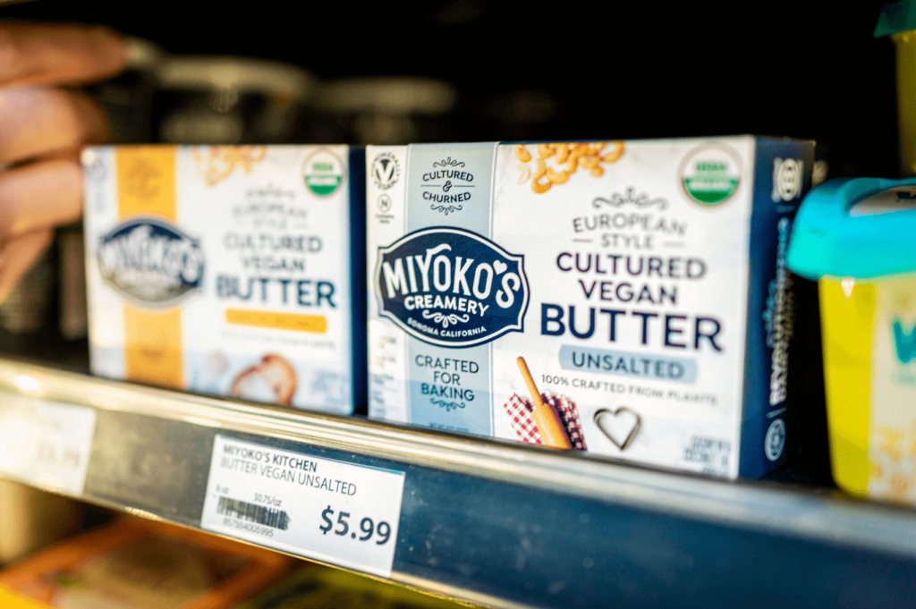 Vegan dairy products from plant-based cheese brand Miyoko's Creamery, founded by Miyoko Schinner