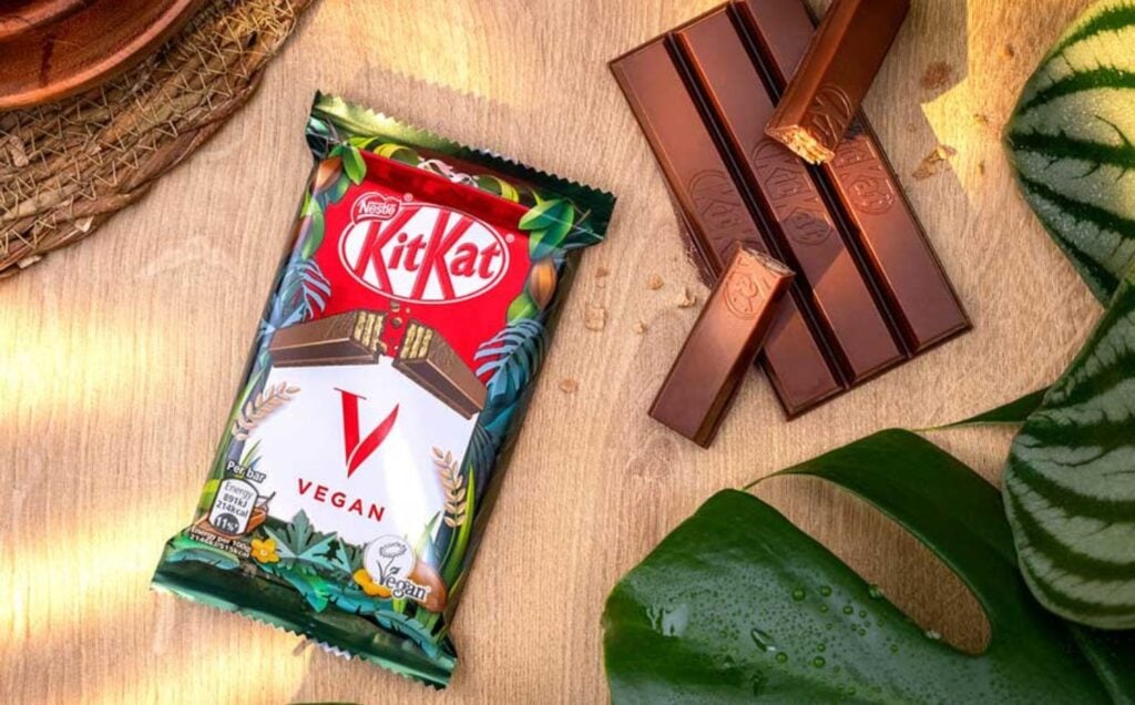A bar of Nestle's vegan KitKat V made with dairy-free chocolate