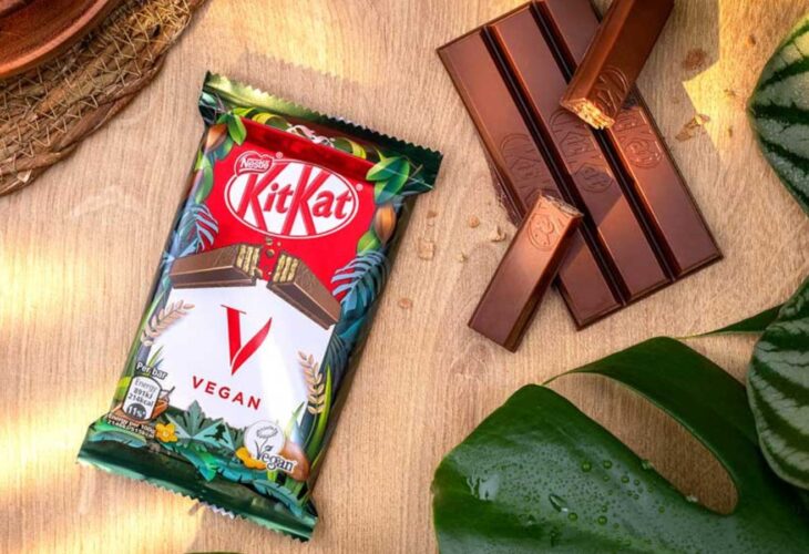 A bar of Nestle's vegan KitKat V made with dairy-free chocolate