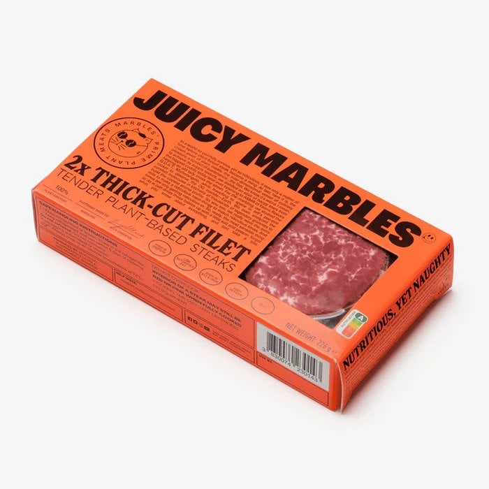 A pack of two Juicy Marbles vegan steaks, which are being sold in Waitrose