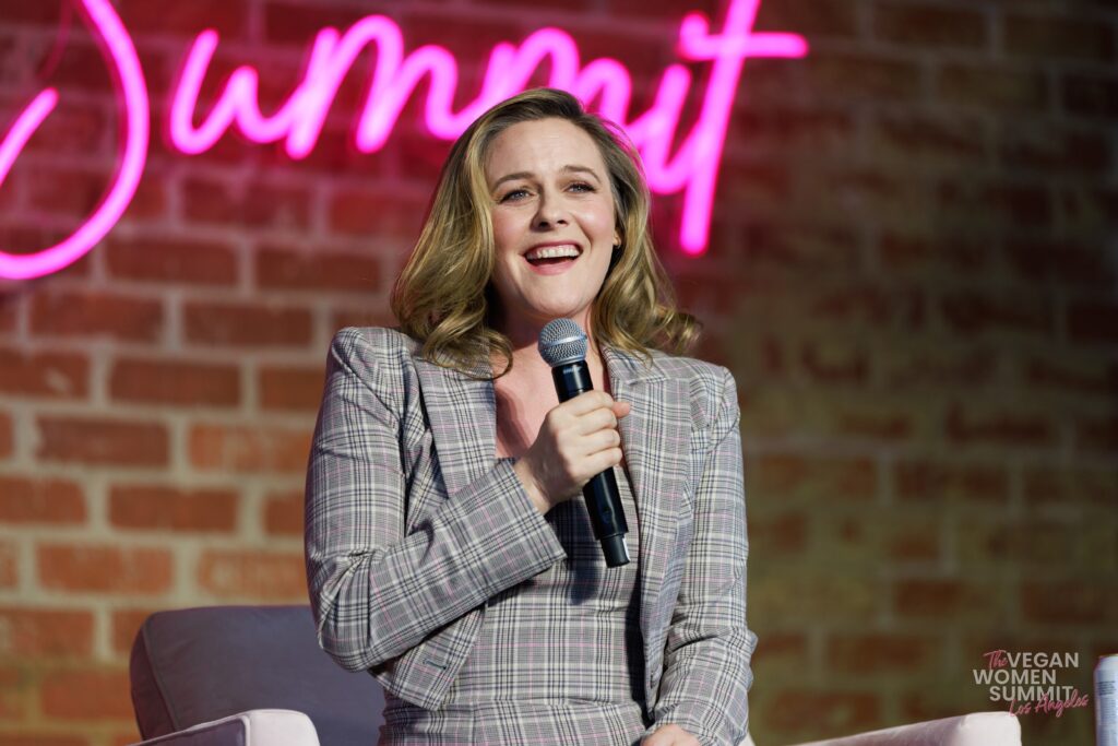 Alicia Silverstone speaking at the Vegan Women's Summit 2022