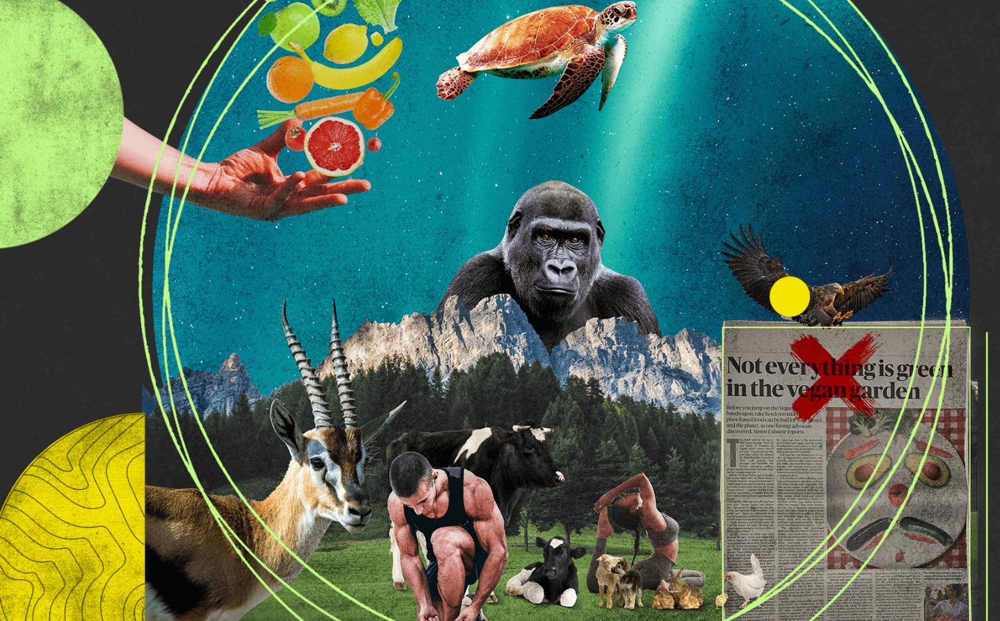 Vegan art featuring animals, plant-based food, nature, and a newspaper