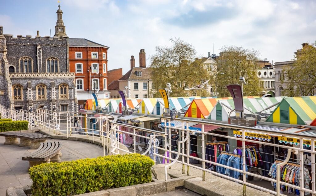 A view over the outdoor market in the city of Norwich in the UK, which will soon promote vegan food in alignment with the Plant Based Treaty