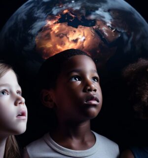 Three ethnically diverse human children look to the distance future. The scorched Earth hangs in the background.