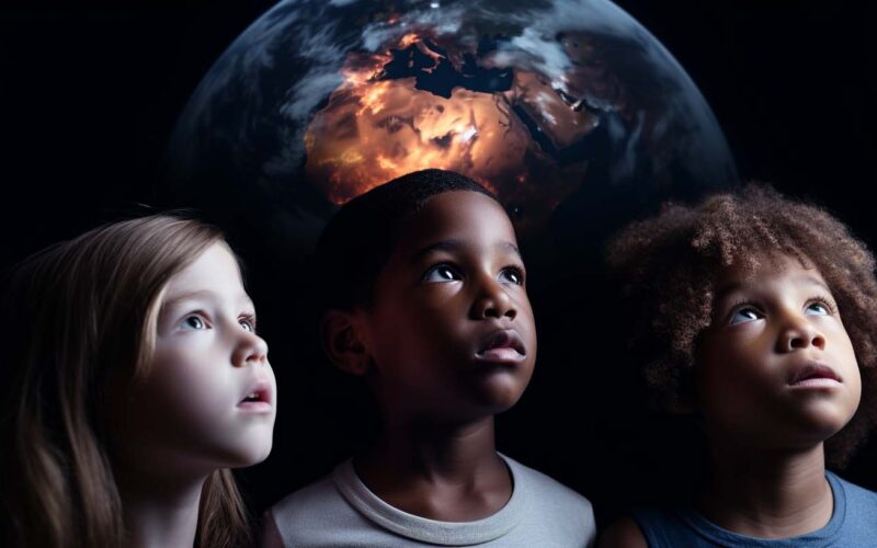 Three ethnically diverse human children look to the distance future. The scorched Earth hangs in the background.