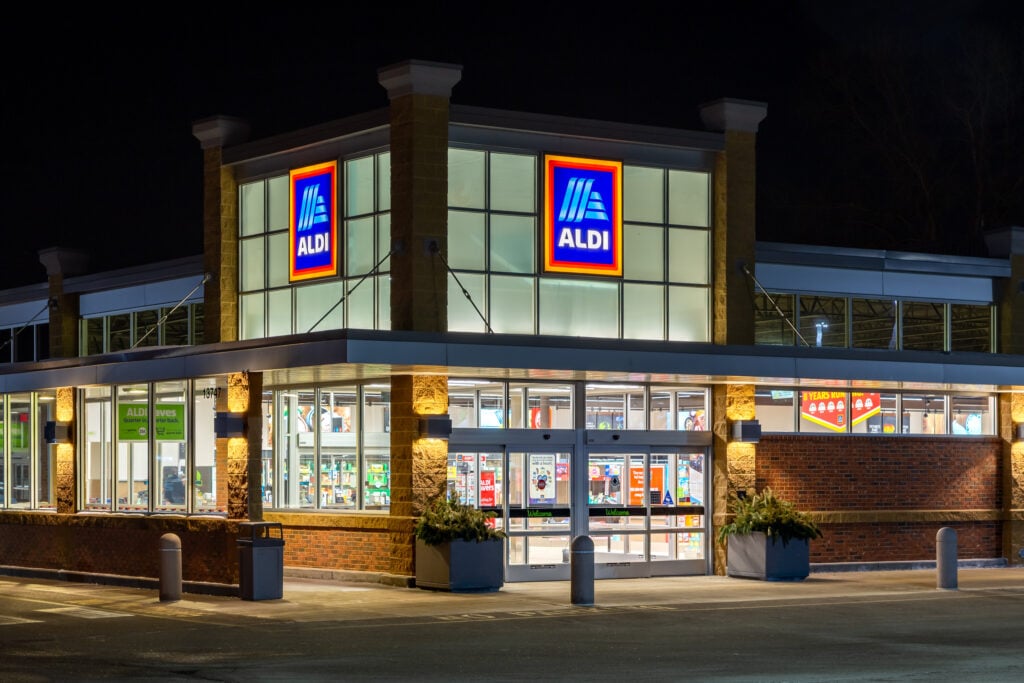 An outside shot of Aldi, which has just launched vegan lamb in the UK