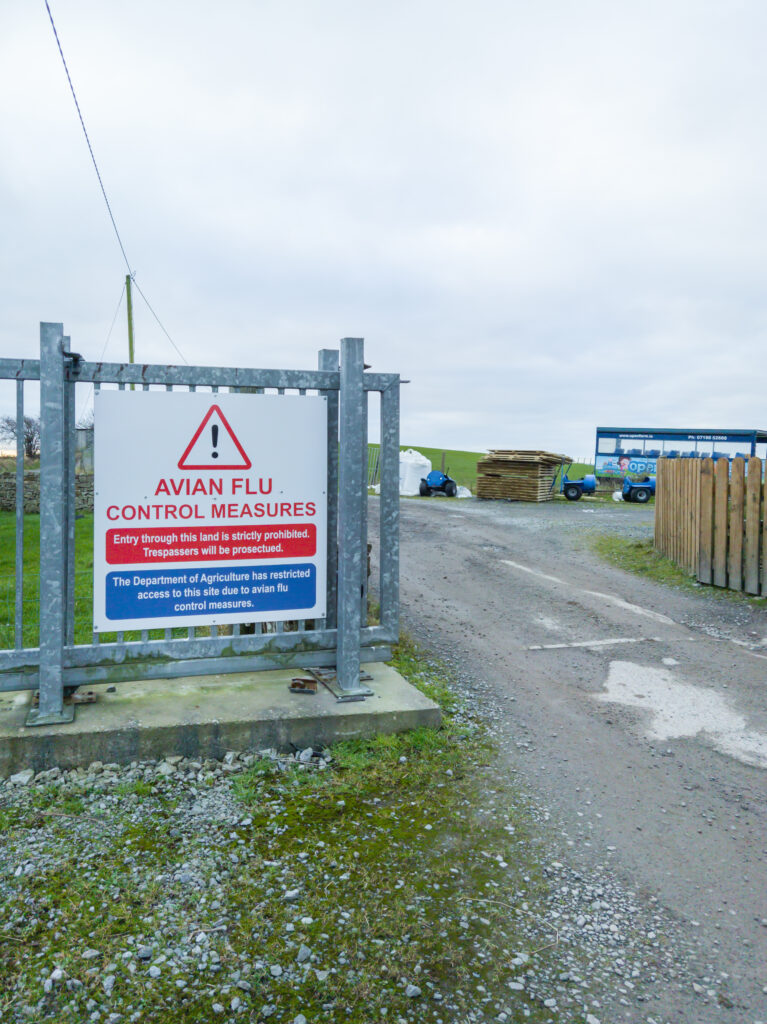A sign reading: "Avian Flu control measures" in the UK