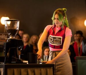 Vegan musician Kate Nash as Jo in Coffee Wars, competing in a barista competition as a dairy-free brand