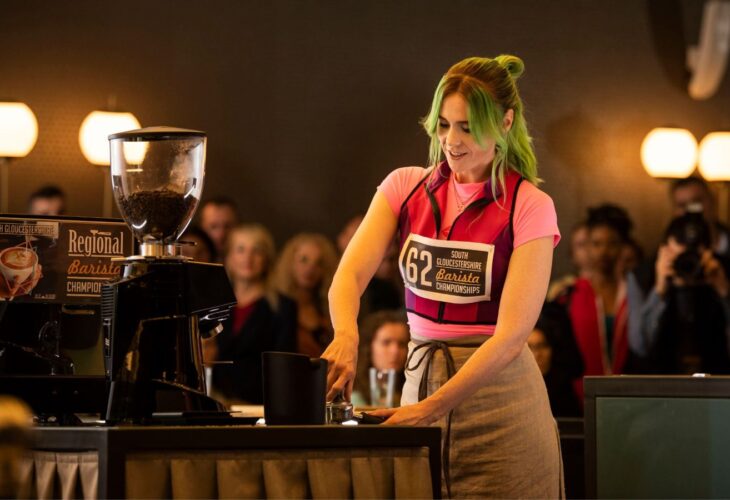 Vegan musician Kate Nash as Jo in Coffee Wars, competing in a barista competition as a dairy-free brand