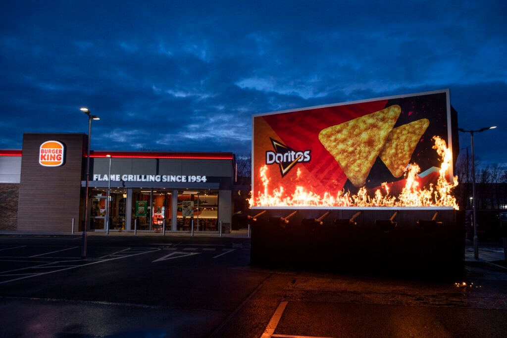 A Doritos banner outside a Burger King, to mark the launch of the new Whopper flavored Doritos in the UK