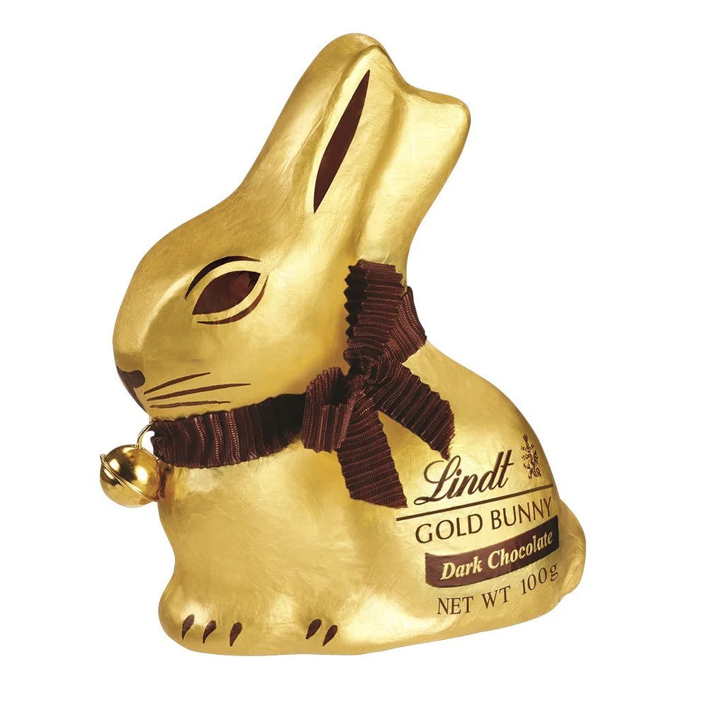 A vegan dairy-free Lindt Gold Bunny with a brown neck bow and bell