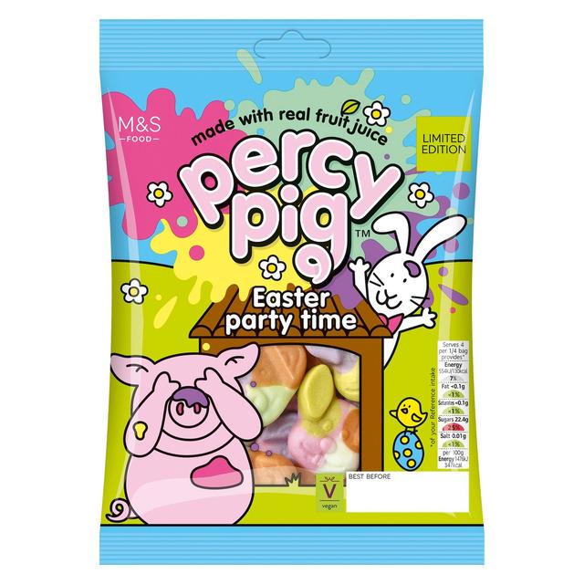A bag of Marks and Spencer vegan Percy Pig Easter Party Time gummy sweets