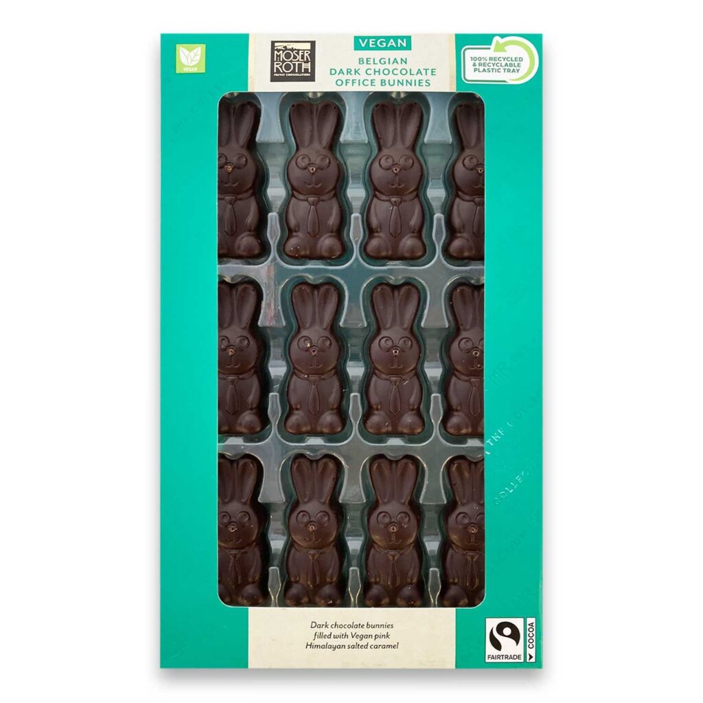 A packet of Aldi's Moser Roth vegan office bunnies chocolates in a green packet