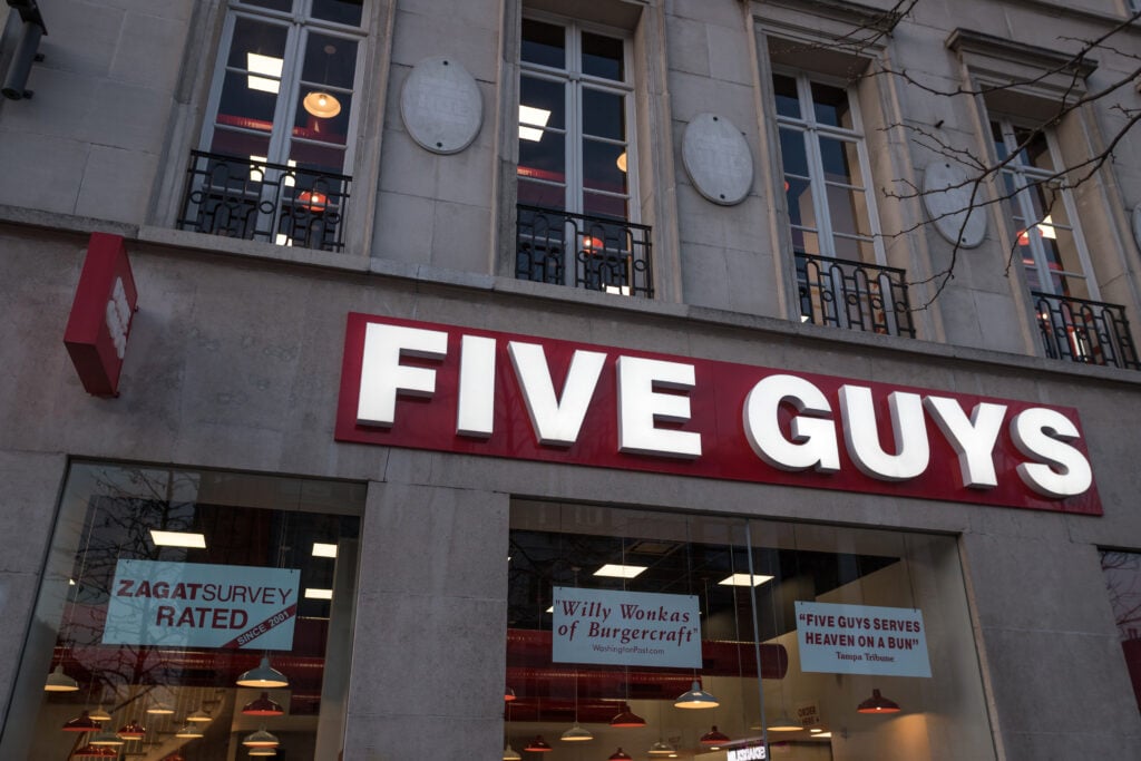 The outside of fast food restaurant Five Guys