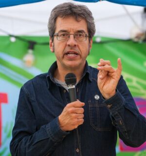 Environmental campaigner George Monbiot speaking at a festival