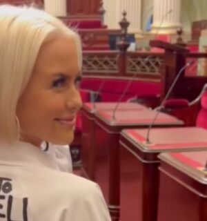 Vegan politician Georgie Purcell wearing a shirt featuring gendered abuse to parliament on International Women's Day