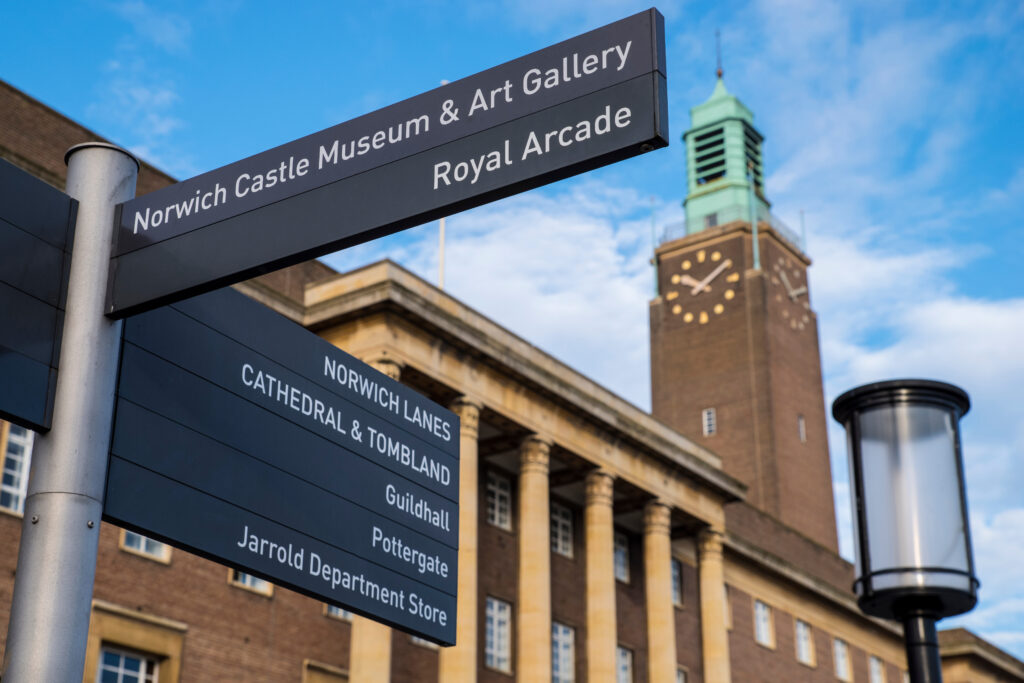 Directional sign in the historic city of Norwich in the UK, which just endorsed the Plant Based Treaty and will promote vegan food