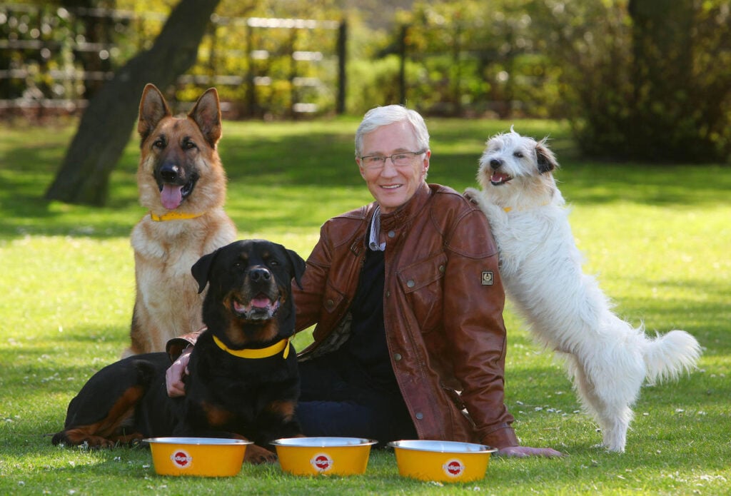 Television personality Paul O'Grady with rescue dogs Razor a German Shepherd, Moose a Rottweiler and Dodger a Terrier at London's Battersea Park as part of the launch of Pedigree's Feeding Brighter Futures campaign.