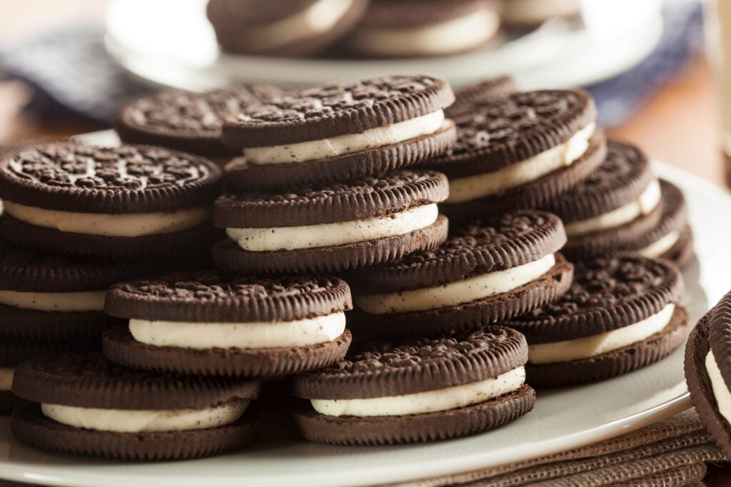 A plate of vegan dairy-free chocolate Oreo biscuits