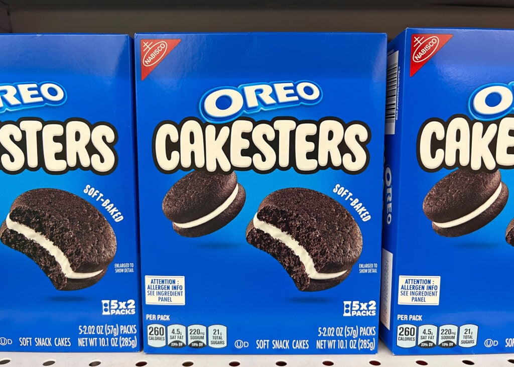 Packs of Oreo Cakesters, which are not vegan-friendly, at a supermarket
