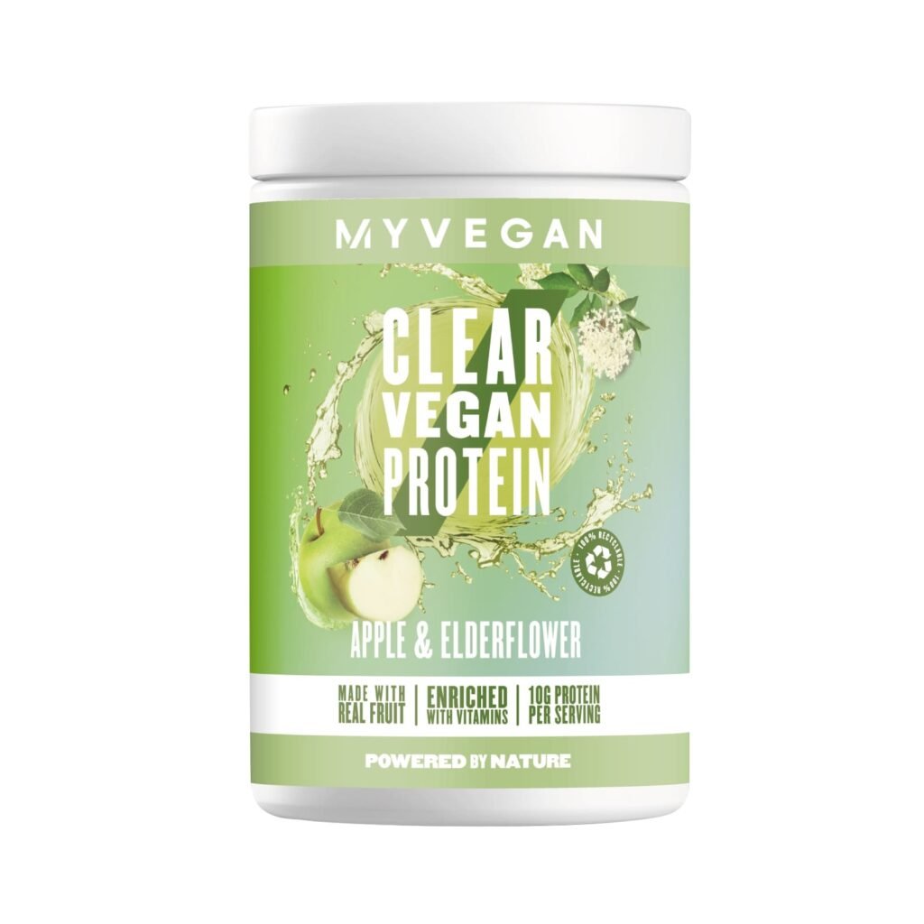 A tub of MYVEGAN clear protein on a white backdrop