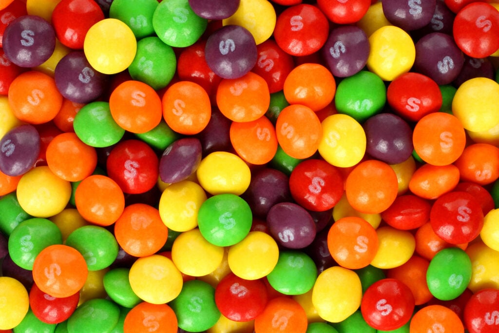 A selection of vegan sweets, made by candy brand Skittles