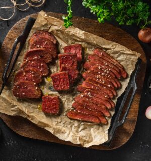 A selection of vegan steak cuts on a griddle tray, surrounded by onions and other ingredients