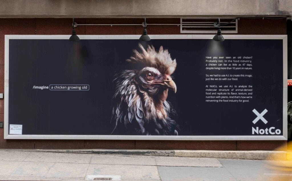 A NotCo billboard depicting an AI-aged chicken and educational text about their natural lifespans